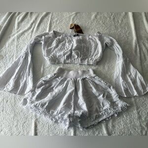 New Natural Cotton Lola Flare Off Shoulder Top High Waisted Shorts White Outfit